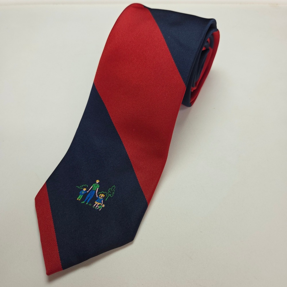 Vintage Wembley‎ Mens Tie Navy Red Striped Family Embroidery Wash N Wear NWT